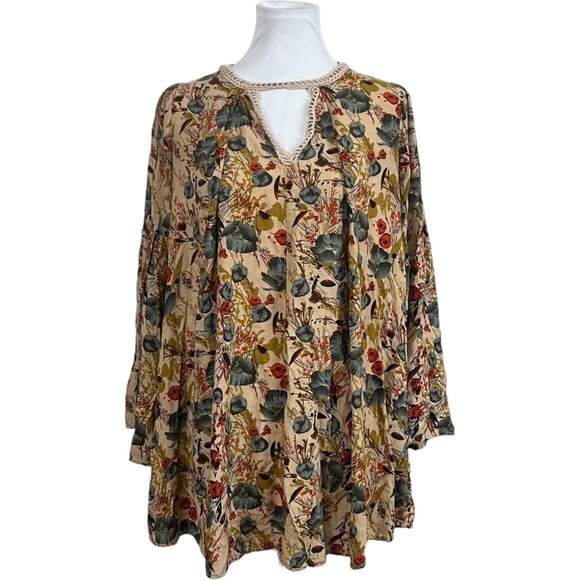 UMGEE Top Tan Floral Bell Sleeves Baby Doll Boho M Medium Cottagecore Fairy - Picture 2 of 8